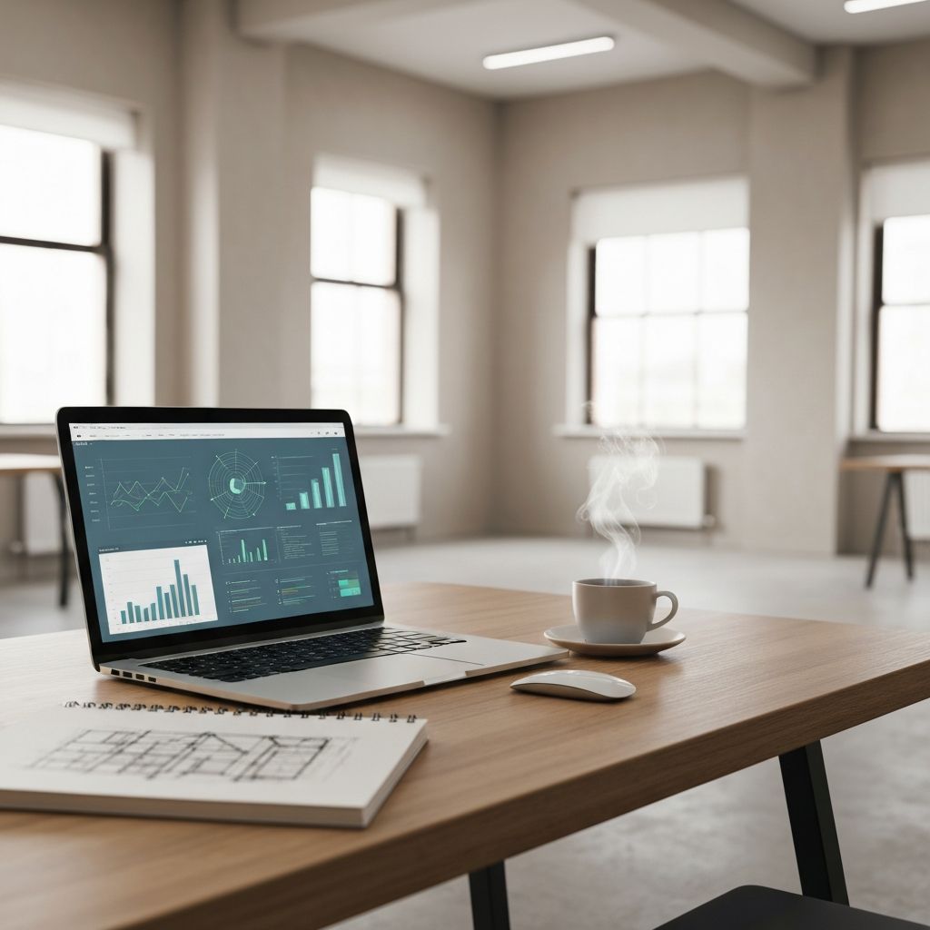 Modern workspace with laptop showing analytics and business tools
